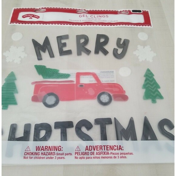 Merry Christmas Window Gels Charms RED TRUCK WITH TREE AND SNOWFLAKES New Sealed - Picture 2 of 4